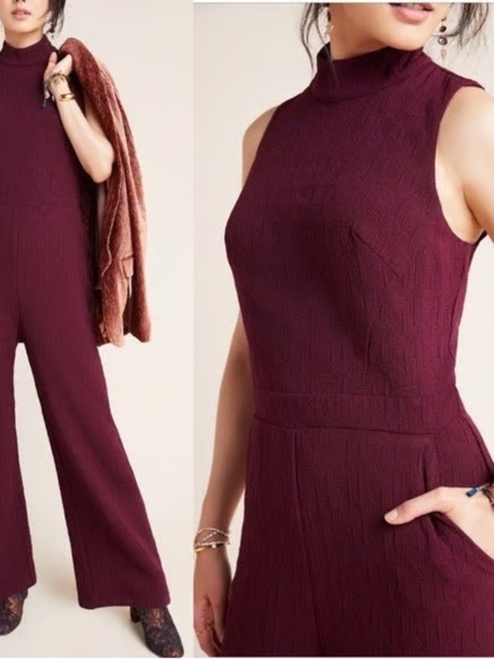 NWT Anthropologie Sleeveless Mock-Neck Jumpsuit in Burgundy Size Small